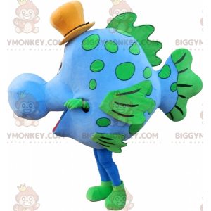 Στολή μασκότ BIGGYMONKEY™ με μπλε και πράσινο ψάρι με καπέλο -