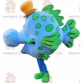 Blauer und grüner Fisch BIGGYMONKEY™ Maskottchenkostüm mit Hut