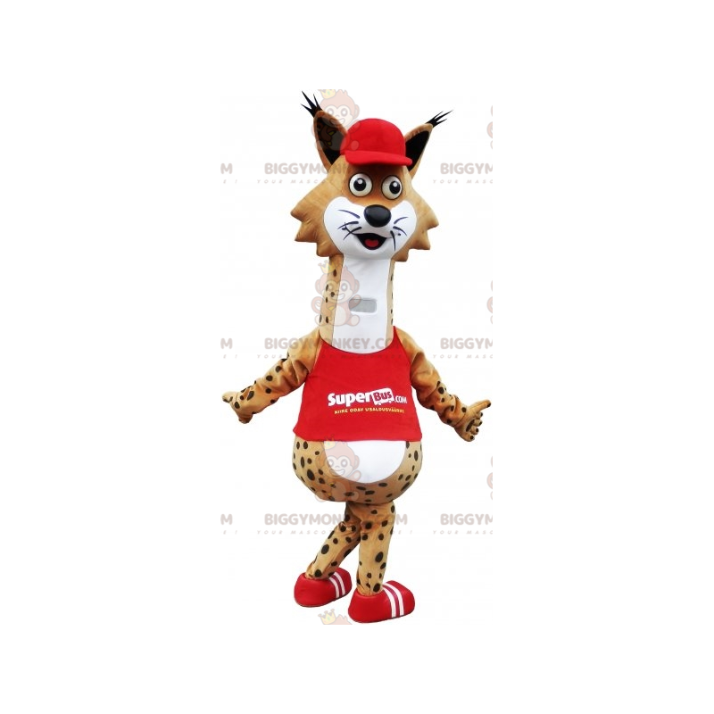 Kostým maskota BIGGYMONKEY™ Hnědobílý strakatý Bobcat oblečený