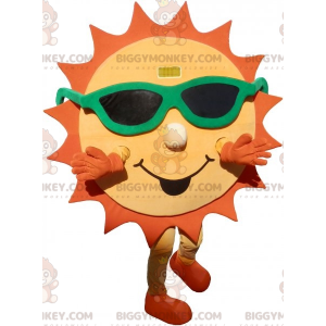Traje de mascote BIGGYMONKEY™ Sol amarelo e laranja com óculos