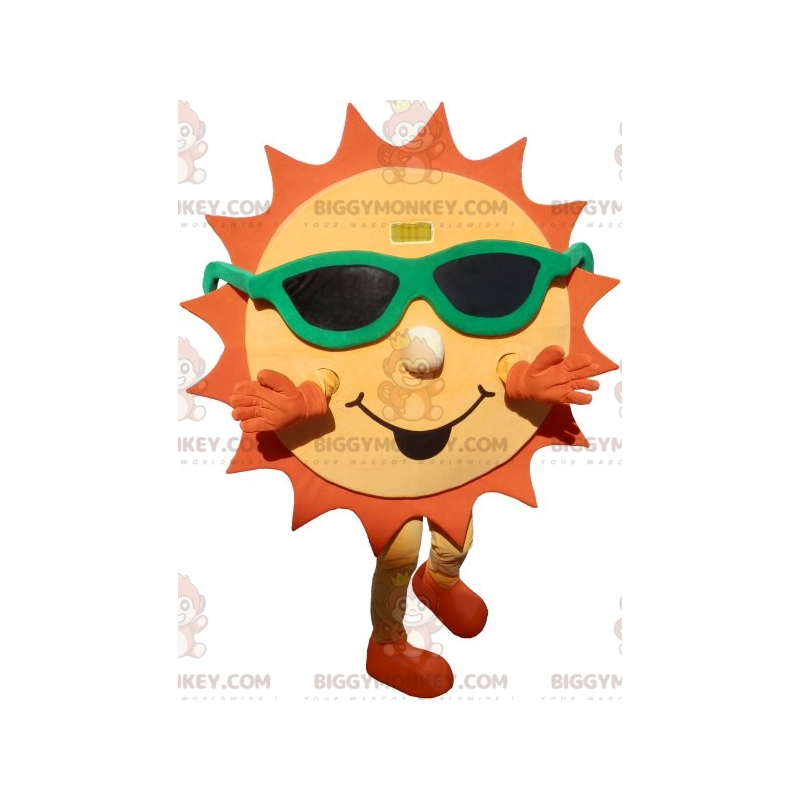 Traje de mascote BIGGYMONKEY™ Sol amarelo e laranja com óculos