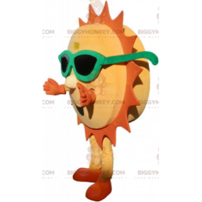 Traje de mascote BIGGYMONKEY™ Sol amarelo e laranja com óculos