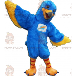 Costume da mascotte BIGGYMONKEY™ uccello blu e giallo. Costume