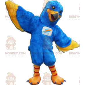 Blauer und gelber Vogel BIGGYMONKEY™ Maskottchen-Kostüm. Adler