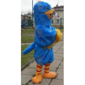 Blauer und gelber Vogel BIGGYMONKEY™ Maskottchen-Kostüm. Adler