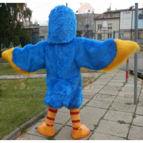 Blauer und gelber Vogel BIGGYMONKEY™ Maskottchen-Kostüm. Adler