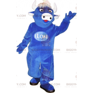 Κοστούμι μασκότ με μπλε και λευκή αγελάδα BIGGYMONKEY™. στολή