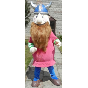 Bebaarde Viking BIGGYMONKEY™ mascottekostuum gekleed in roze