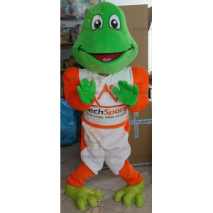Vihreä sammakko BIGGYMONKEY™ maskottiasu, joka on pukeutunut