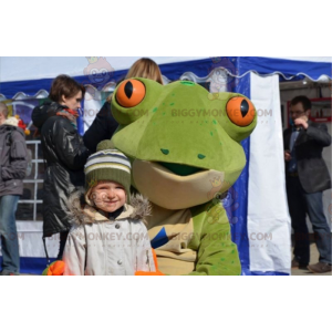 Fantasia de mascote realista de rã branca laranja verde