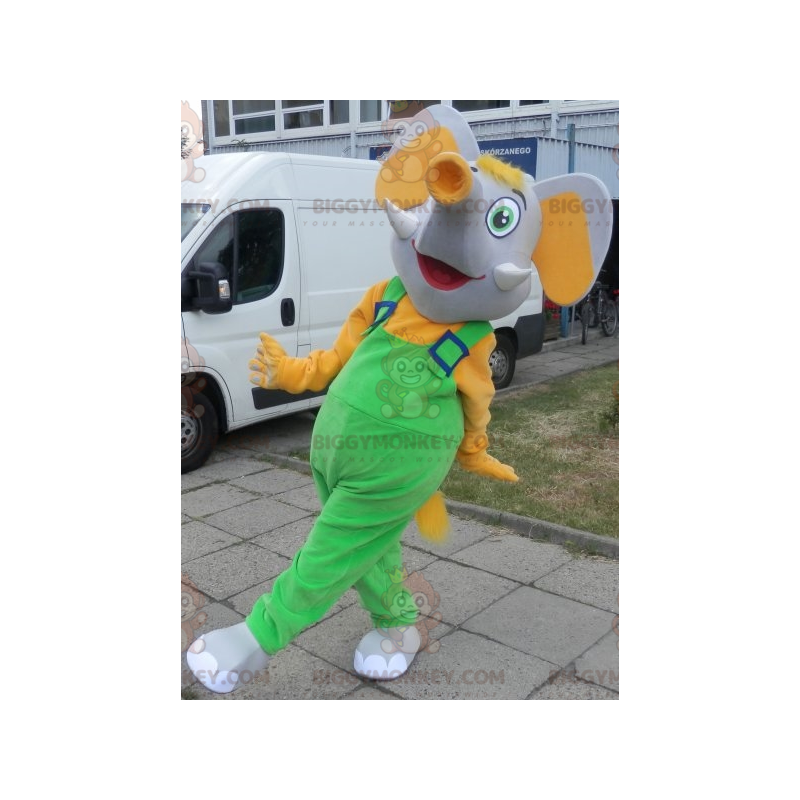 Traje de mascote BIGGYMONKEY™ Elefante cinza e amarelo vestido
