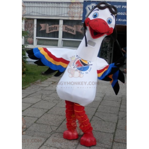 BIGGYMONKEY™ maskotkostume hvid stork med flerfarvede vinger -