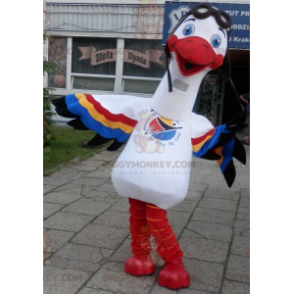 BIGGYMONKEY™ maskotkostume hvid stork med flerfarvede vinger -