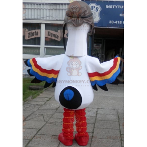 BIGGYMONKEY™ maskotkostume hvid stork med flerfarvede vinger -
