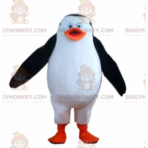 Traje de mascote roliço e fofo de pinguim preto e laranja