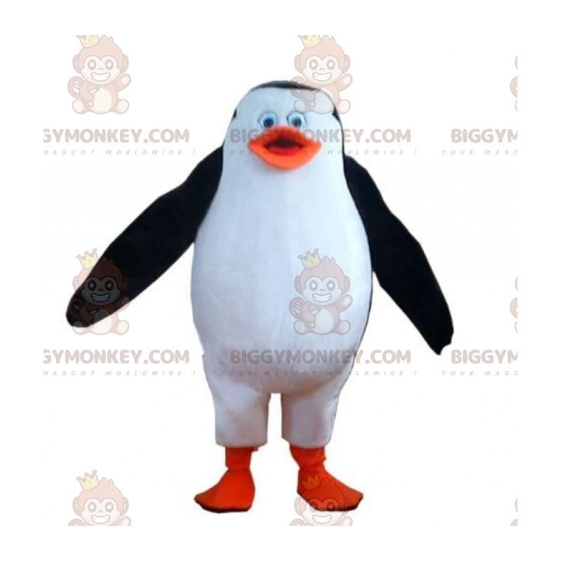 Traje de mascote roliço e fofo de pinguim preto e laranja