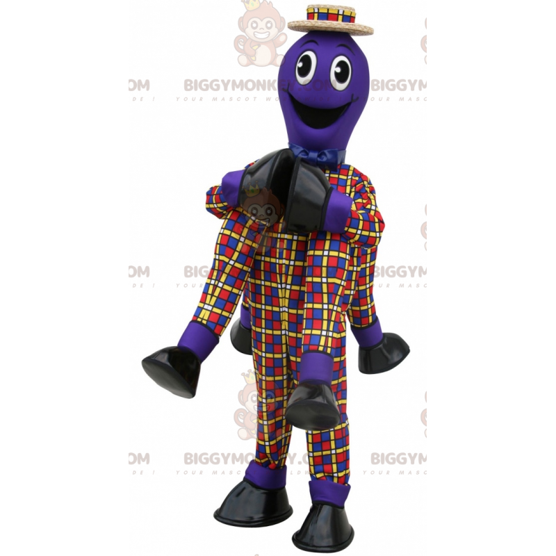 Disfraz de mascota pulpo púrpura muy sonriente y elegante