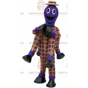 Traje de mascote de polvo roxo BIGGYMONKEY™ muito sorridente e