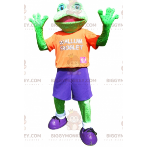 Grøn frø BIGGYMONKEY™ maskotkostume klædt i farverigt sportstøj