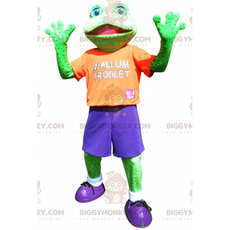 Costume de mascotte BIGGYMONKEY™ de grenouille verte habillée