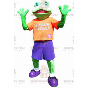 Kostým maskota zelené žáby BIGGYMONKEY™ v barevném sportovním