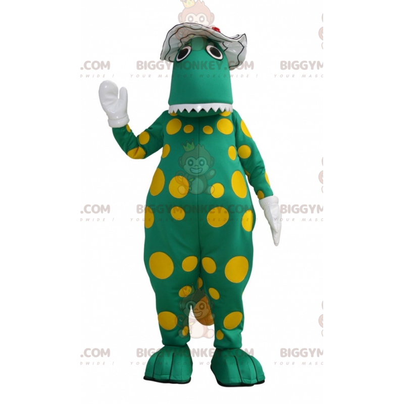 Traje de mascote de bolinhas amarelas de dinossauro verde