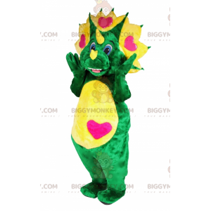 BIGGYMONKEY™ Maskotdräkt Grön och gul dinosaurie med hjärtan -