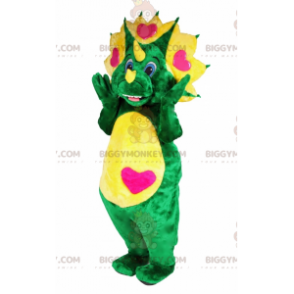 BIGGYMONKEY™ maskotkostume Grøn og gul dinosaur med hjerter -