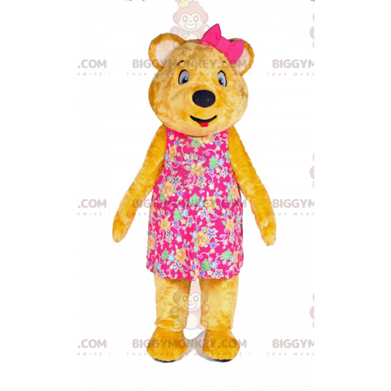 Kostým žlutého medvídka BIGGYMONKEY™ maskota s šaty a mašlí na