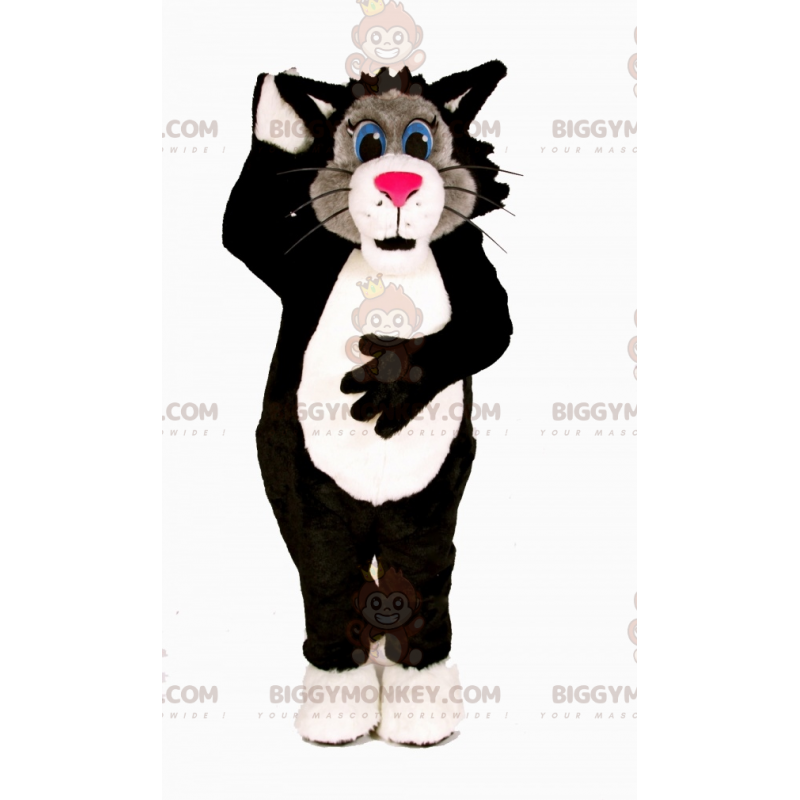 Traje de Mascote BIGGYMONKEY™ Gato Tricolor com Olhos Azuis –