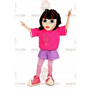 Hnědý dívčí kostým maskota BIGGYMONKEY™ s růžovým a fialovým