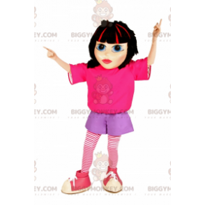 Brun pige BIGGYMONKEY™ maskotkostume med pink og lilla outfit -