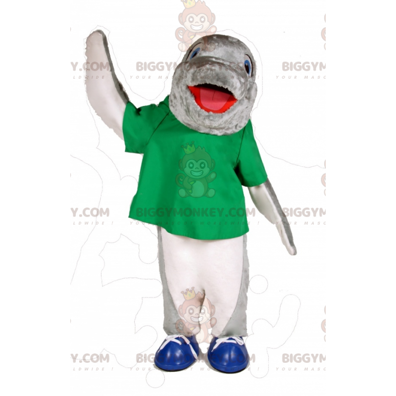 Kostium maskotki szaro-biały delfin BIGGYMONKEY™ z zieloną