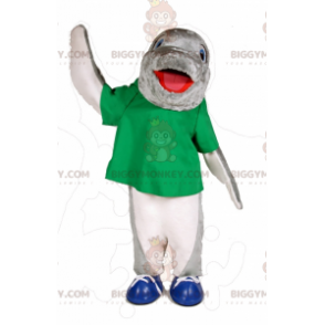 Gray and White Dolphin BIGGYMONKEY™ Mascot Costume with Green