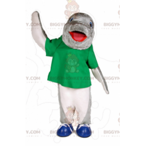 Kostium maskotki szaro-biały delfin BIGGYMONKEY™ z zieloną