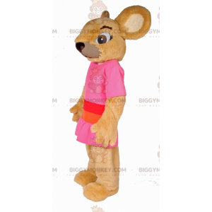BIGGYMONKEY™ Rodent Beige Mouse Mascot Costume Dressed In Pink