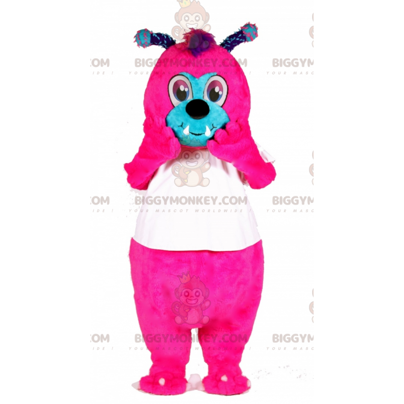 BIGGYMONKEY™ mascottekostuum roze en blauw insect met antennes