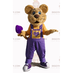Brown Mouse BIGGYMONKEY™ Mascot Costume with Purple Overalls –