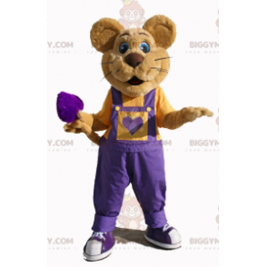 Braune Maus BIGGYMONKEY™ Maskottchen-Kostüm mit violettem