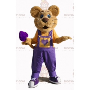 Bruine muis BIGGYMONKEY™ mascottekostuum met paarse overall -