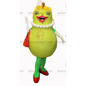 Traje de mascote BIGGYMONKEY™ de pêra verde feminina sorridente