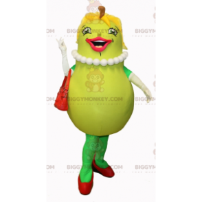 Traje de mascote BIGGYMONKEY™ de pêra verde feminina sorridente