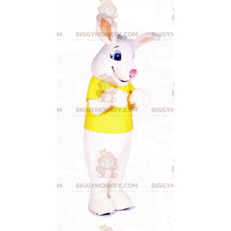 Valkoinen kanin BIGGYMONKEY™ maskottiasu, jossa on keltainen