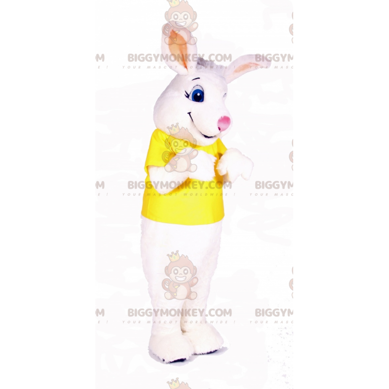 White Rabbit BIGGYMONKEY™ Mascot Costume Wearing Yellow T-Shirt