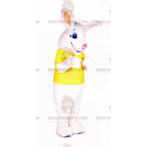 White Rabbit BIGGYMONKEY™ Mascot Costume Wearing Yellow T-Shirt