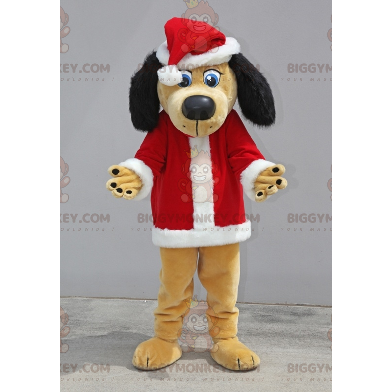 Costume de mascotte BIGGYMONKEY™ de chien beige et noir habillé