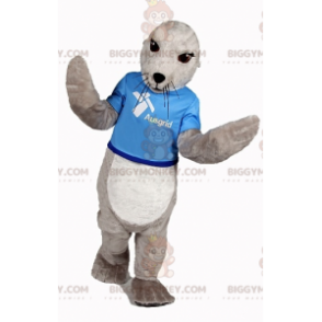 Traje de mascote BIGGYMONKEY™ de leão marinho cinza e branco.