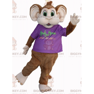 Disfraz de mascota mono marrón y blanco con ojos verdes
