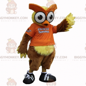 Costume de mascotte BIGGYMONKEY™ de hibou marron et jaune avec