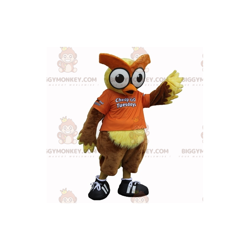 Kostým maskota BIGGYMONKEY™ Hnědá a žlutá sova s velkýma očima